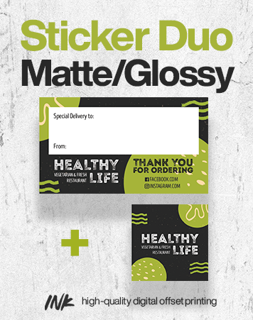 Sticker Duo No. 1 (3.5" x 2" and 1.5" x 1.5") - Matte or Glossy Lamination, 100 pcs. each size