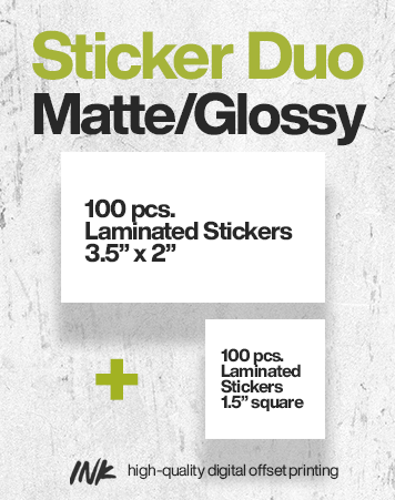 Sticker Duo No. 1 (3.5" x 2" and 1.5" x 1.5") - Matte or Glossy Lamination, 100 pcs. each size