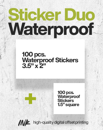 Sticker Duo No. 1 (3.5" x 2" and 1.5" x 1.5") - Waterproof, 100 pcs. each size